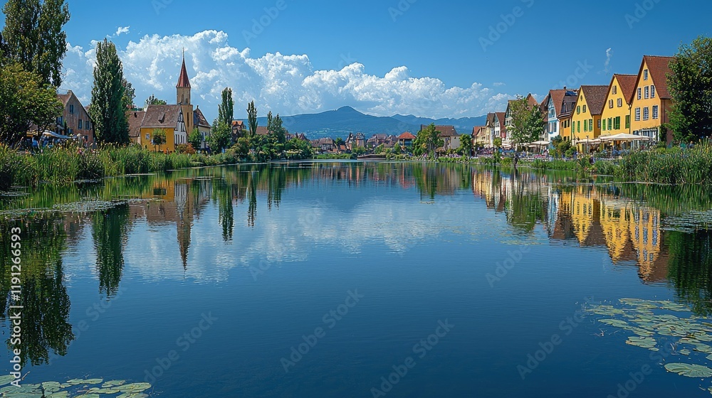 Scenic Canal View with Colorful Buildings and Blue Sky Scenic Canal View with Colorful Buildings and Blue Sky