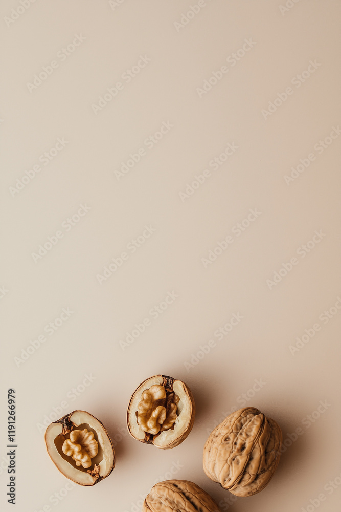 Walnuts on beige background. Copy space. Minimal concept. Walnuts on beige background. Copy space. Minimal concept.