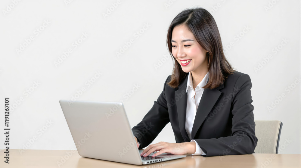 Smiling Asian businesswoman working on laptop desk Smiling Asian businesswoman working on laptop desk