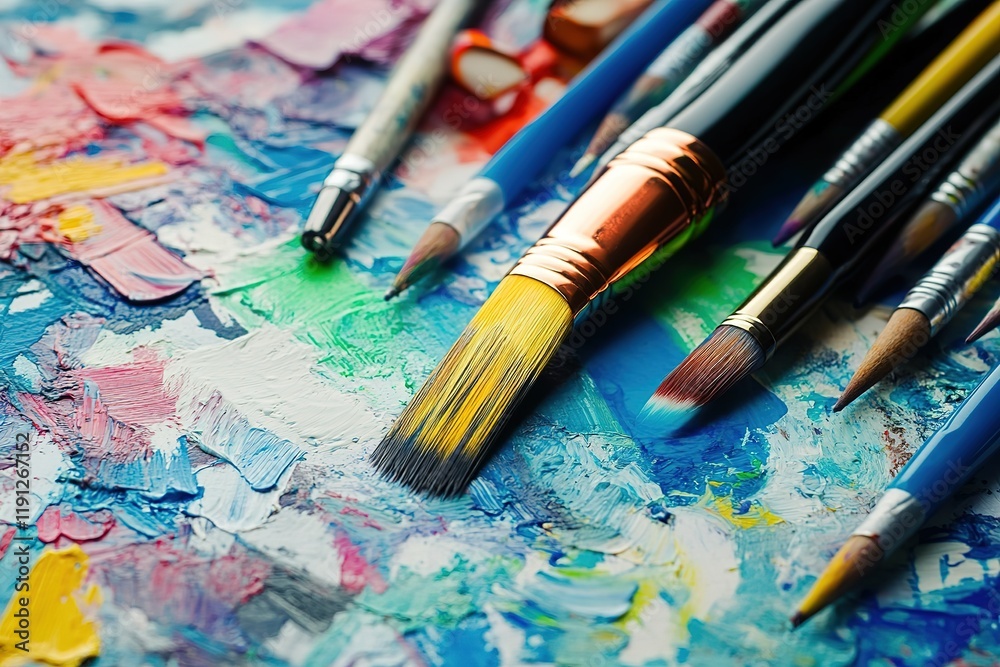 Paints and brushes on an artist's palette Paints and brushes on an artist's palette
