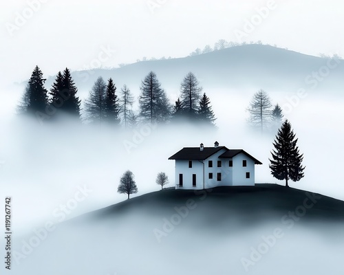 Intense fog blanketing a valley, rendering trees and houses into silhouettes, serene yet disorienting
