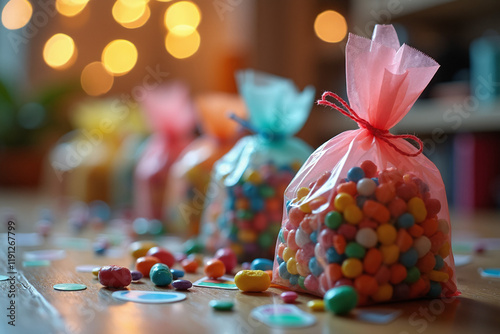 Colorful candy-filled party bags tied with bows, scattered across a wooden floor, creating a cheerful and festive party favor display.
