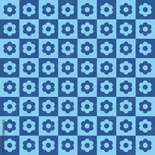 Blue seamless checkered pattern with flowers