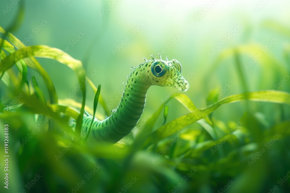 Fototapeta premium Seagrass pipefish blending in serene underwater environment