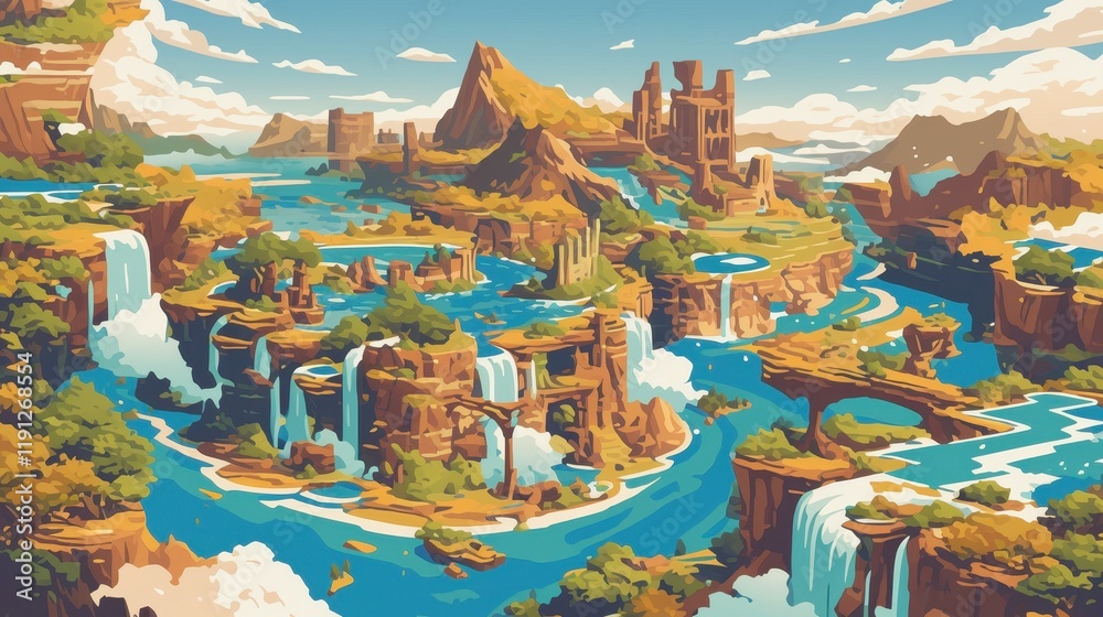 Obraz premium A Fantasy River Landscape with Waterfalls and Ruins
