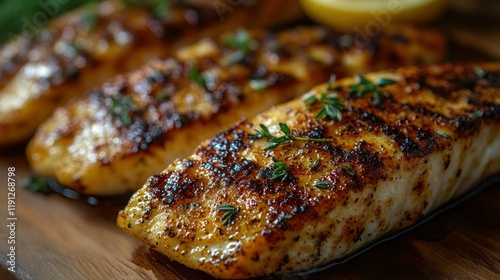 Wallpaper Mural Grilled fish fillets garnished with herbs and lemon. Torontodigital.ca