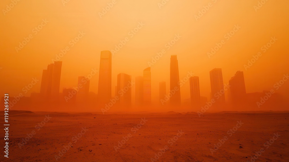 Obraz premium City under a massive sandstorm, buildings fading into golden haze, natures dominance, atmospheric imagery