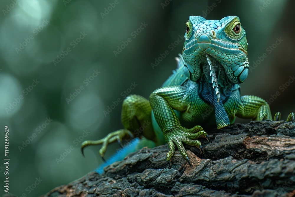 Obraz premium Colorful green iguana perched on a branch in its tropical habitat, flaunting vibrant scales and exotic beauty
