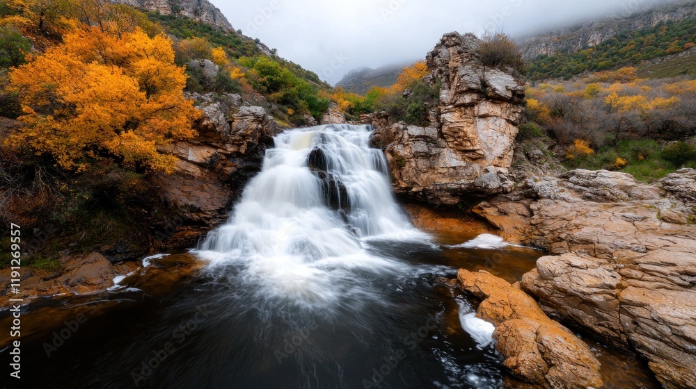 Serene Waterfall Surrounded by Vibrant Autumn Foliage in Mountain Landscape Serene Waterfall Surrounded by Vibrant Autumn Foliage in Mountain Landscape