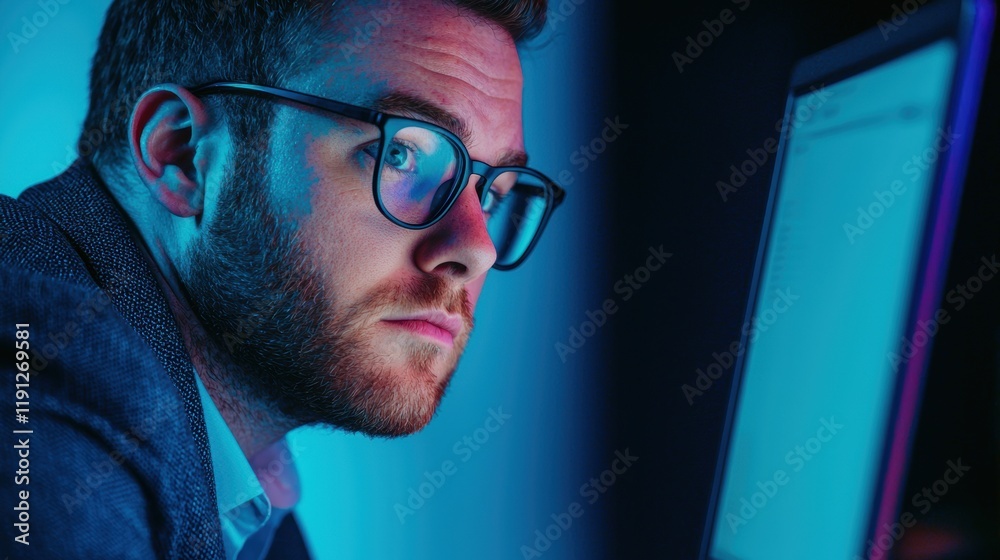 Obraz premium Focused Young Man Working Late at Computer in Dramatic Lighting