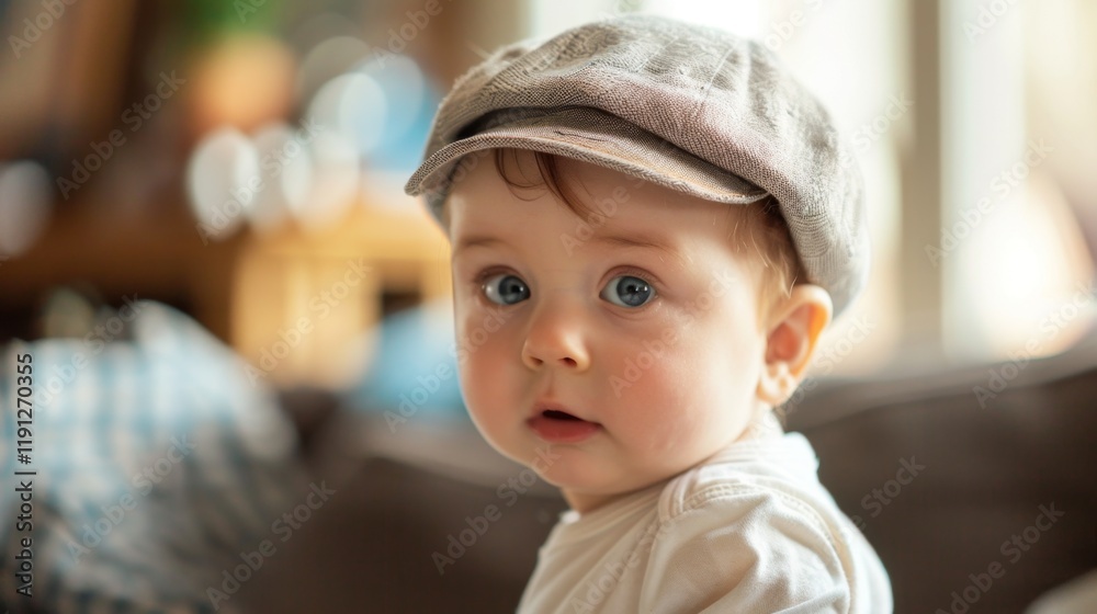 Curious baby in a cap exploring their surroundings in bright room Curious baby in a cap exploring their surroundings in bright room