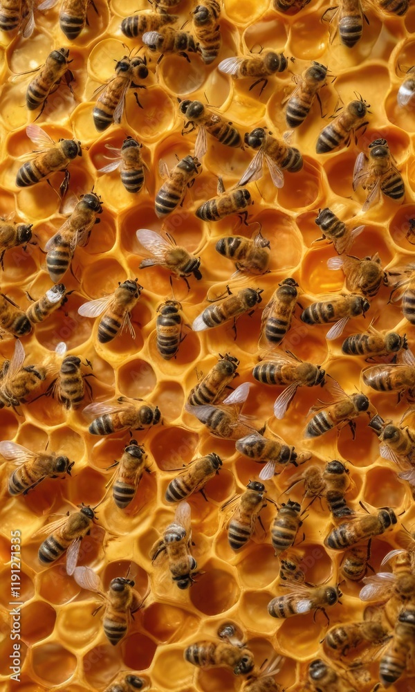A full frame of a honeycomb with golden honey and bees inside, wax, insect life, natural honey A full frame of a honeycomb with golden honey and bees inside, wax, insect life, natural honey