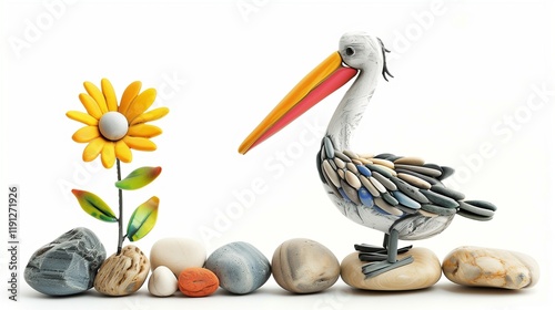 A pelican bird statue made from colorful stones, standing beside a small colorful stone flower plant, isolated on white. photo