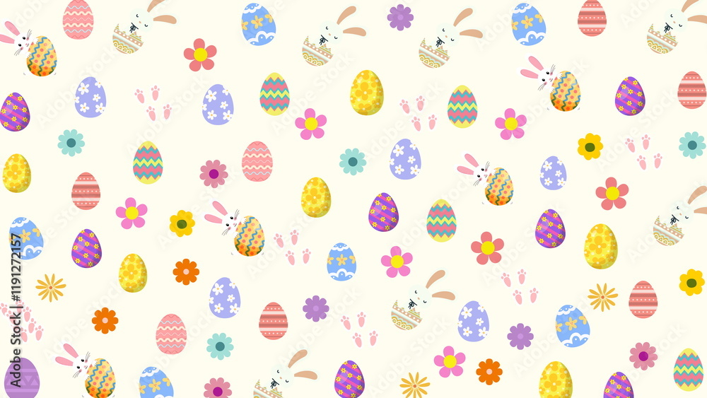 Fototapeta premium cute bunny and eggs on light background. Wallpaper for nursery, kids and baby.