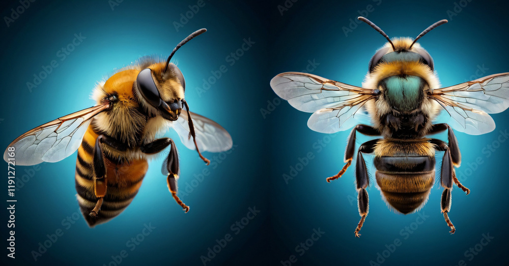 bee Macro specimen, Flying insect , side front back