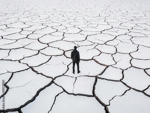 Surreal depiction of a drought with cracked earth and a lone figure, survival in extreme conditions, emotional