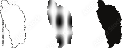 Dominica Map Variations: Minimal Outline, Dotted Grid, and Solid Shadow Designs