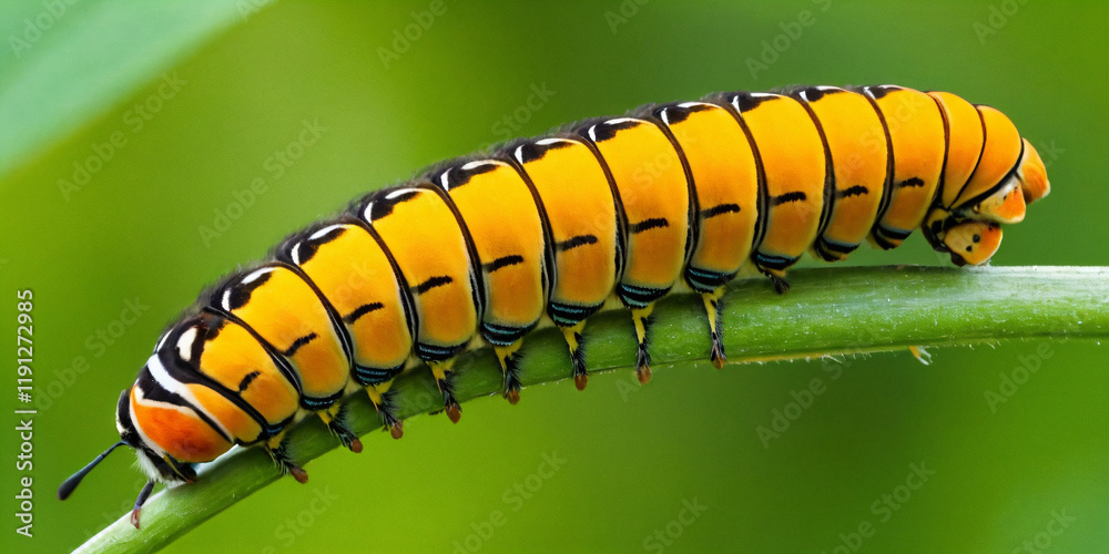 Close up beautiful Сaterpillar of swallowtail Monarch butterfly from caterpillar