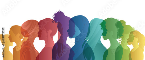 Communication group of multicultural diversity women and girls - face silhouette profile. Female social network community of diverse culture. Racial equality.Friendship. Colleagues.Rainbow