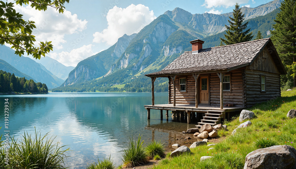 Naklejka premium Scenic cabin by serene lake surrounded by mountains, nature retreat