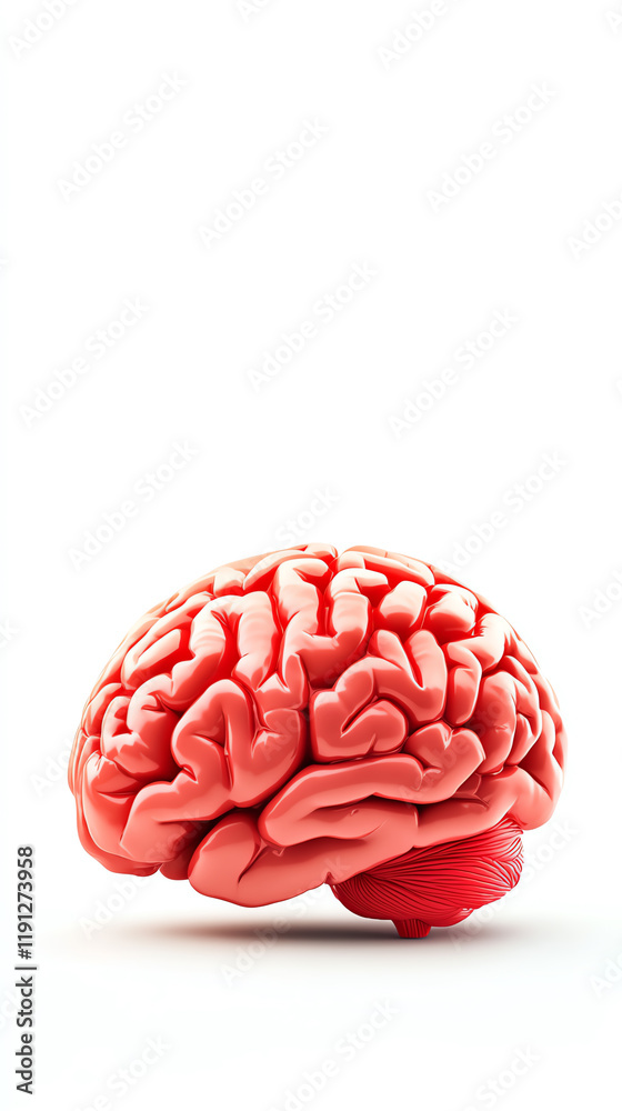 A detailed view of a human brain, showcasing its intricate structures and folds against a plain background.