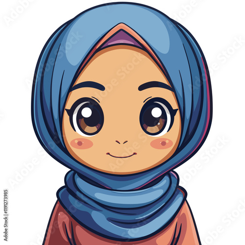 Beautiful Muslim girl in a blue hijab. Vector cartoon illustration.