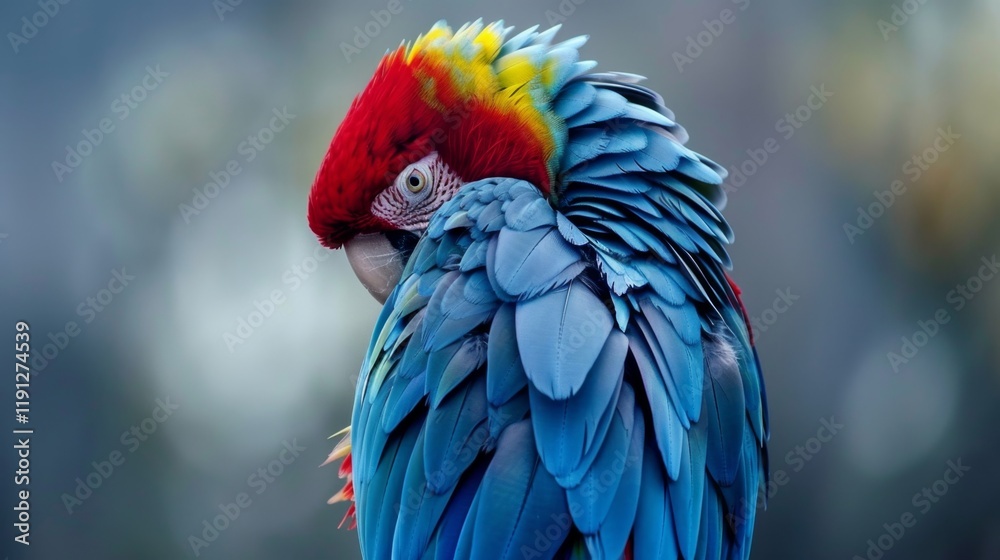 Fototapeta premium Vibrant Blue Macaw with Red and Yellow Head Feathers in Nature