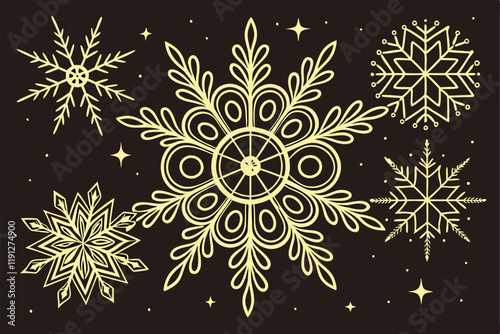 Intricate golden snowflakes, black background, symmetrical patterns, delicate designs, winter motifs, festive ornaments, metallic sheen, variety of shapes, geometric complexity, holiday decorations, e