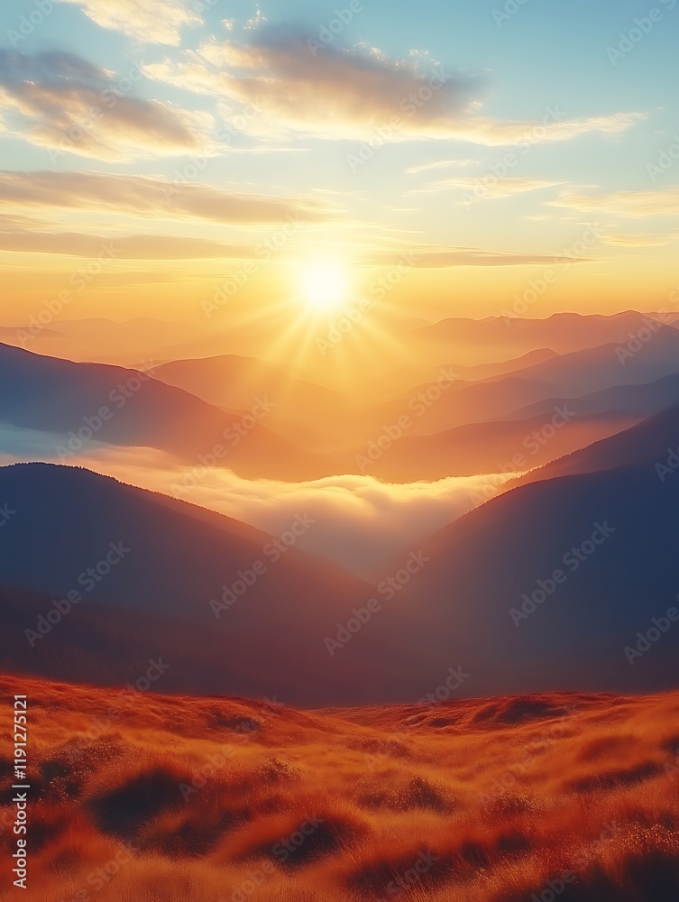 Naklejka premium Sunrise over majestic mountain range with fog.