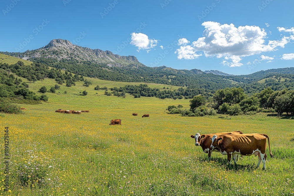 Brown cows graze in a mountain meadow. Brown cows graze in a mountain meadow.