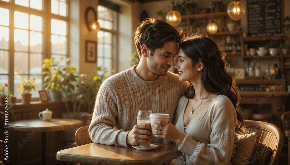 Intimate Couple in Matching Beige Sharing Drinks in Sunlit Cafe Intimate Couple in Matching Beige Sharing Drinks in Sunlit Cafe