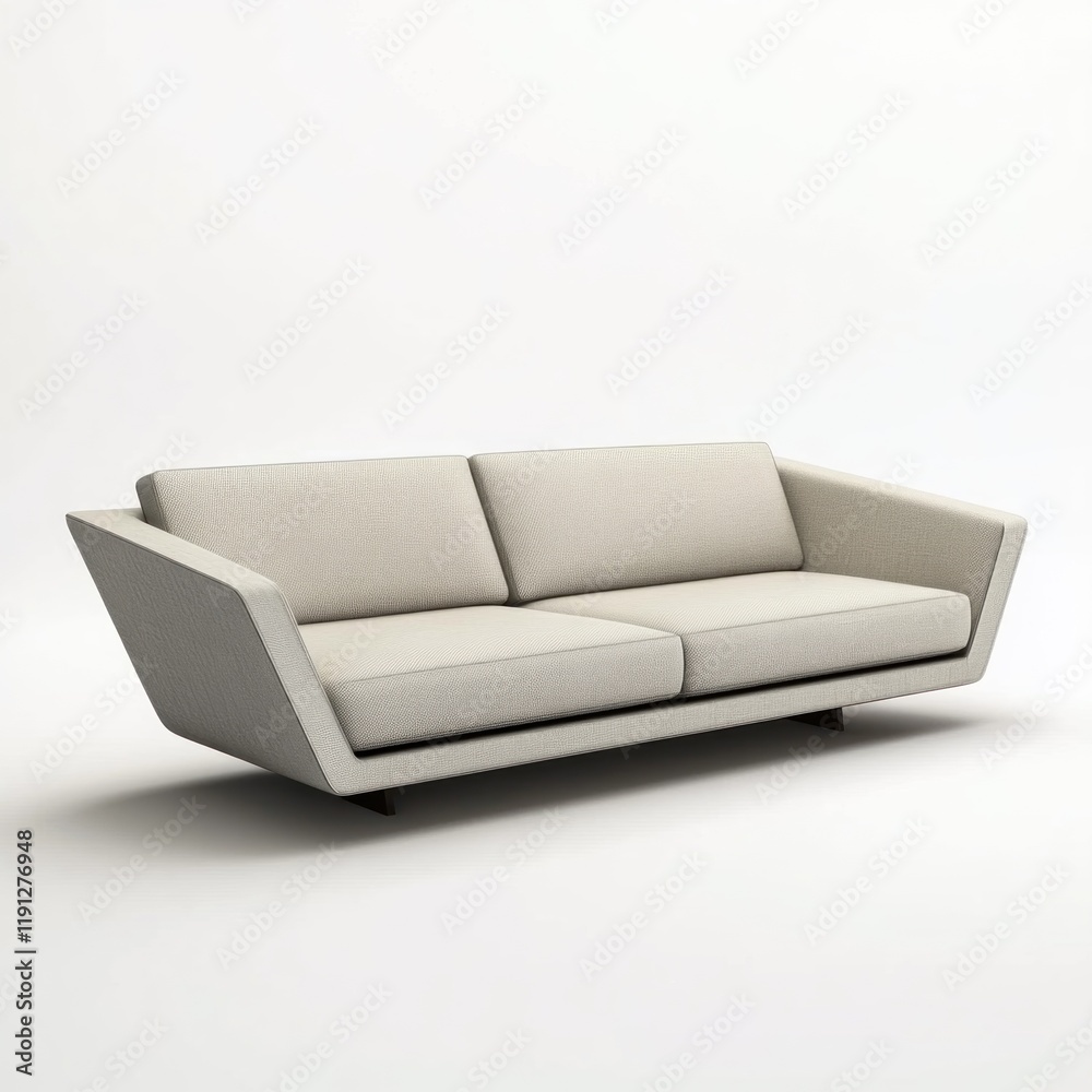 Fototapeta premium Modern beige fabric sofa with angular frame on white background.