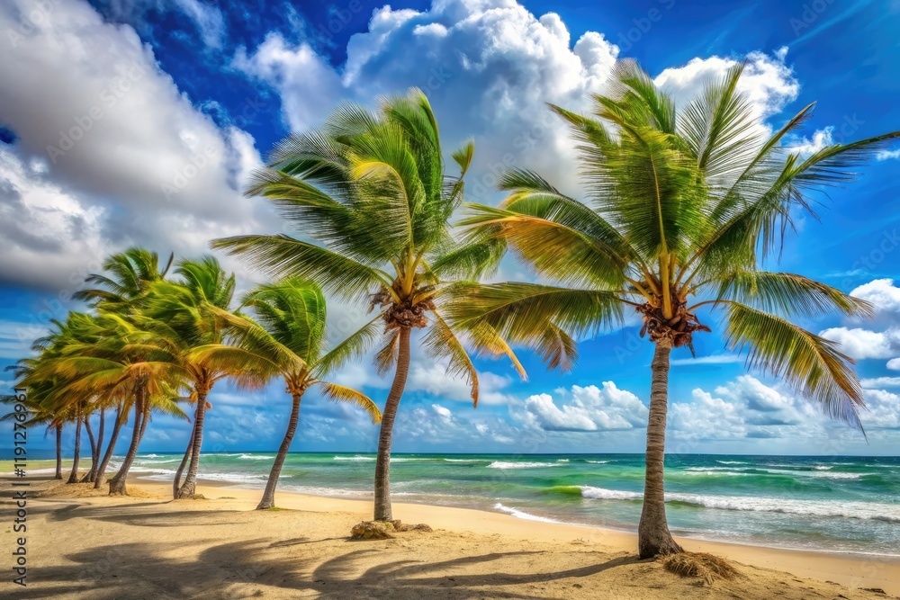 A beach scene with palm trees swaying in the wind on a breezy day near the shore, sky, nature, sport, island life A beach scene with palm trees swaying in the wind on a breezy day near the shore, sky, nature, sport, island life