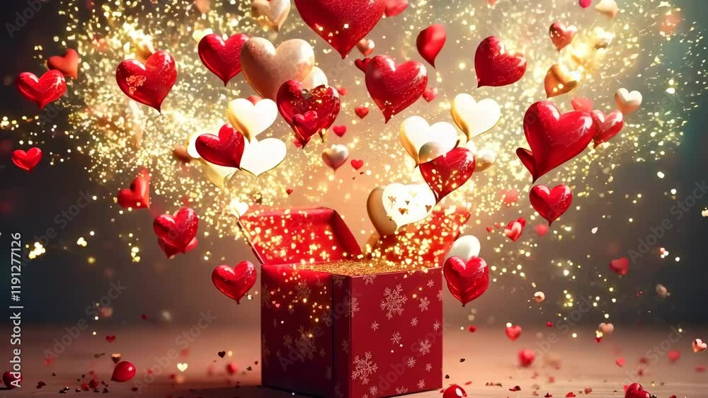 A gift box with delicate hearts flying brightly out of it, the perfect symbol of love and romance