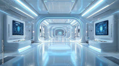 Futuristic sci-fi space corridor with neon lights and digital screens