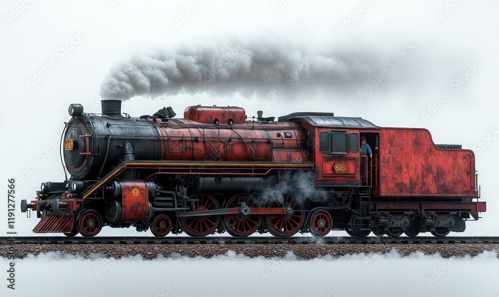 Naklejka premium Red steam train, chugging, smoke billowing.