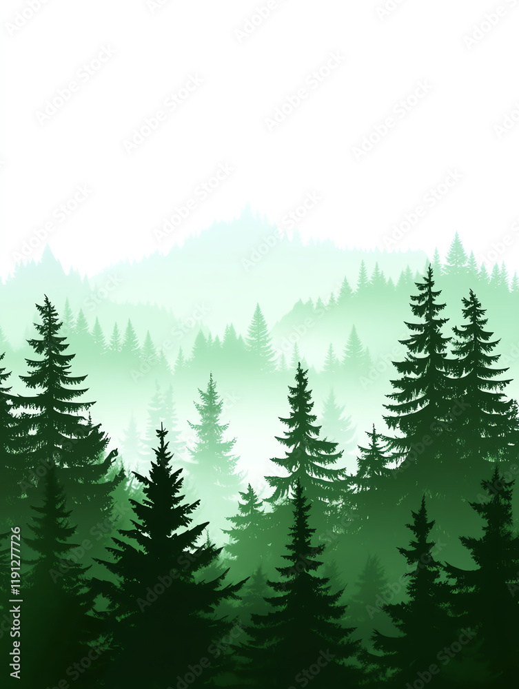 Fototapeta premium A serene forest landscape with tall evergreen trees shrouded in soft mist, creating a peaceful and ethereal atmosphere.