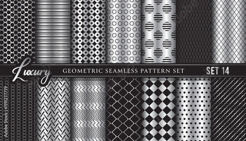 Vector Geometric Seamless Pattern Collection Set.Black and silver design
