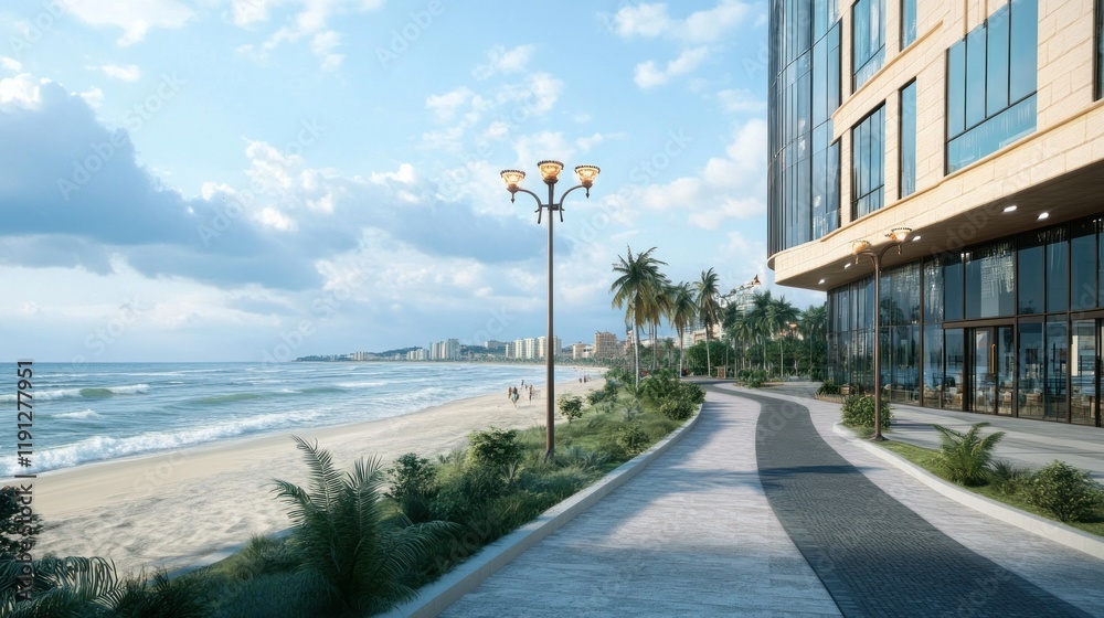 Naklejka premium An elegant office building near the asphalt road along the beach, background wallpaper AI generated image