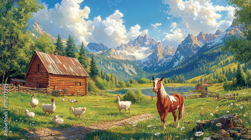 tranquil rustic log cabin and horse in scenic mountain farm landscape painting with chickens photo