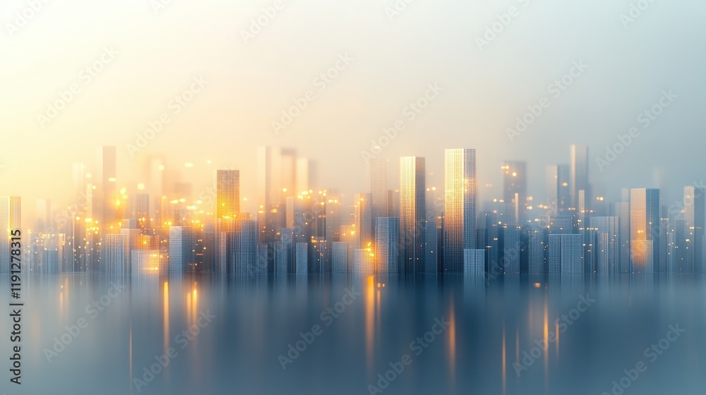 Fototapeta premium Futuristic cityscape with glowing skyline reflections at dusk