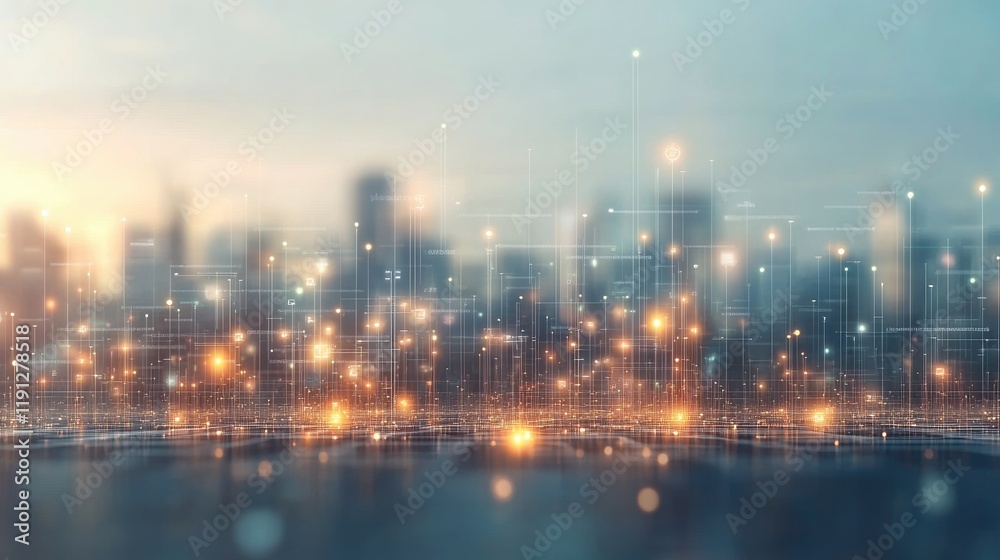 Futuristic cityscape with glowing digital network overlays