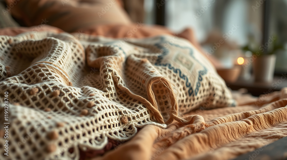 Close-up of a Cozy Knitted Blanket in a Warm and Relaxing Bedroom Setting. Perfect for Home Decor and Interior Design Inspiration. Close-up of a Cozy Knitted Blanket in a Warm and Relaxing Bedroom Setting. Perfect for Home Decor and Interior Design Inspiration.