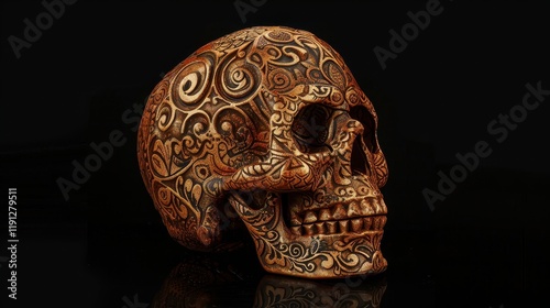 Intricately Detailed Skull Adorned with Mysterious Patterns and Symbols