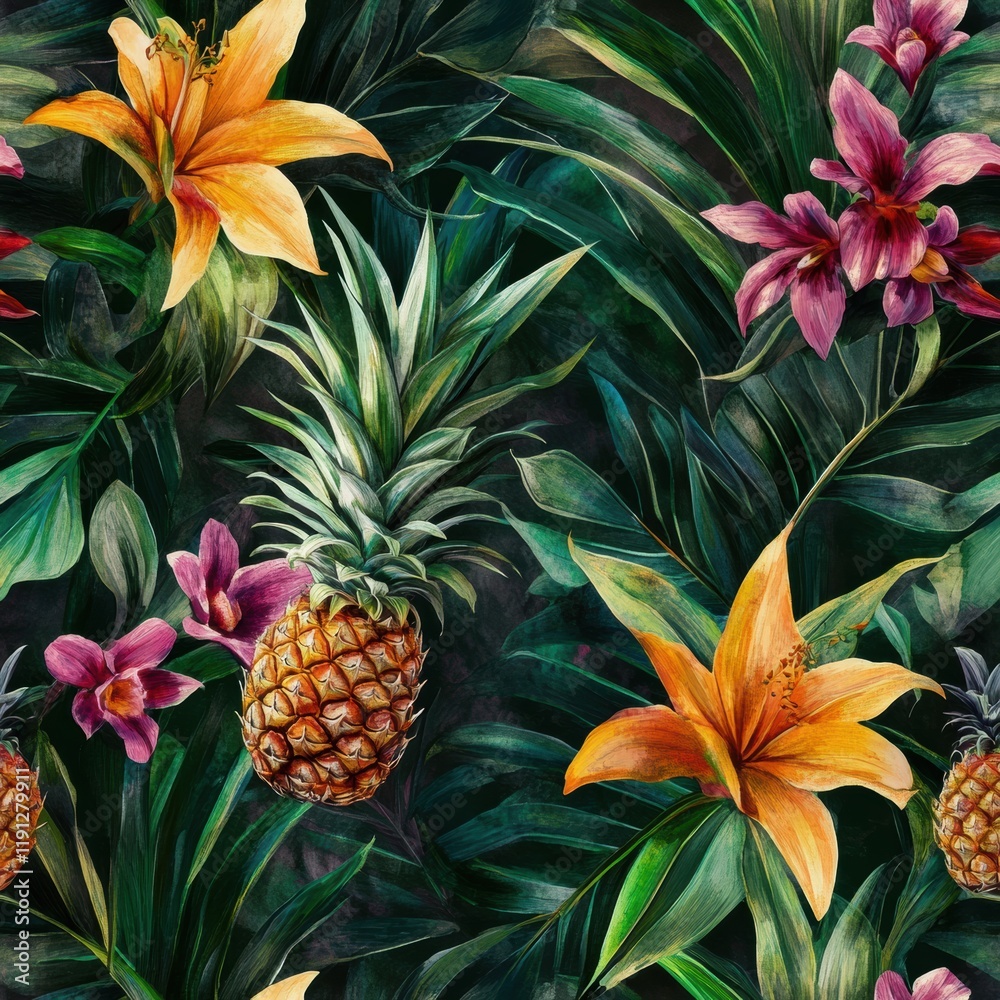 Fototapeta premium Tropical seamless pattern showcasing vibrant pineapples and colorful flowers set against lush green leaves. Generative AI