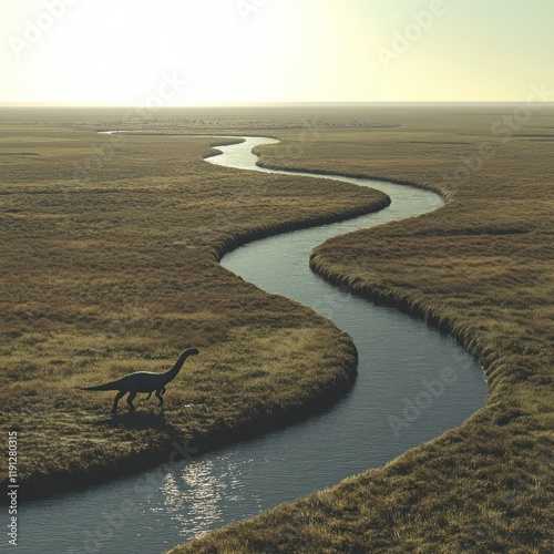 Serene Dinosaur Walking Beside a Meandering River in a Vast Grassland Landscape photo