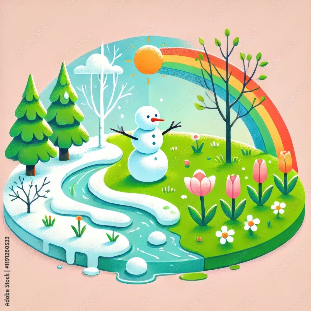 A vibrant scene of nature transitioning from winter to spring. Generated with AI A vibrant scene of nature transitioning from winter to spring. Generated with AI