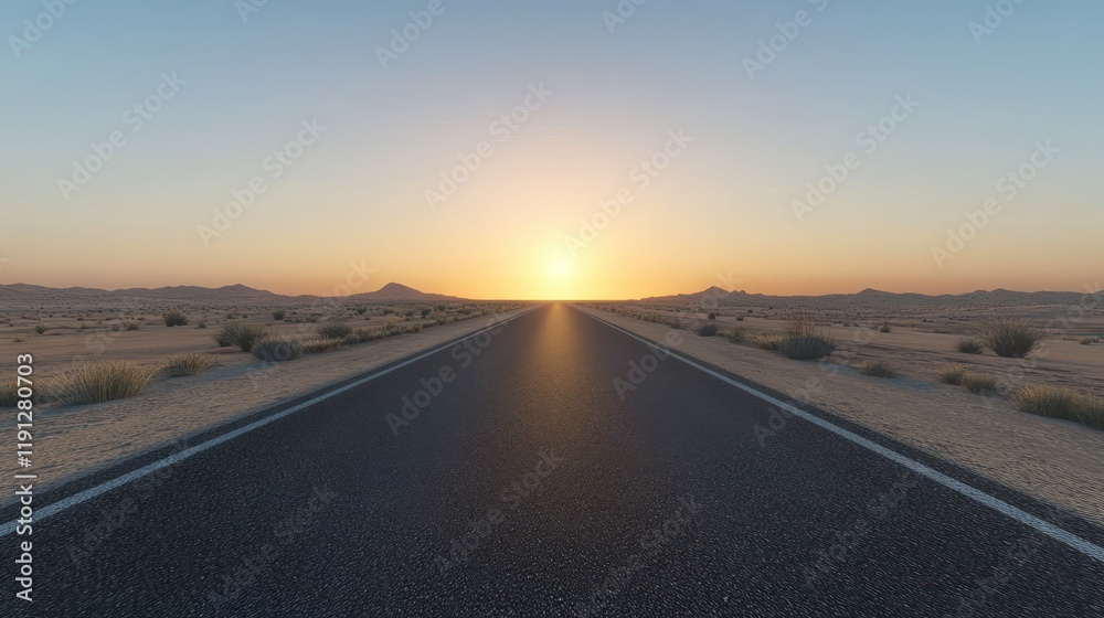 Fototapeta premium View of a long straight deserted asphalt road with the evening sun sky background wallpaper AI generated image