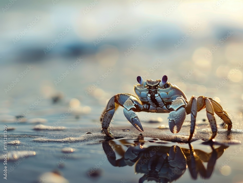 Fototapeta premium Close-Up of a Crab Digging into Wet Sand on the Beach