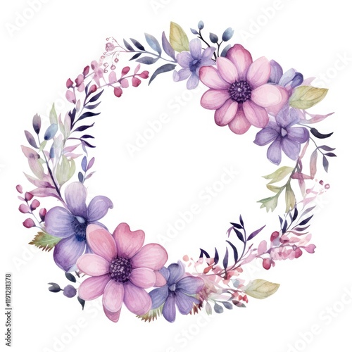 Delicate Watercolor Floral Wreath with Pink and Purple Flowers